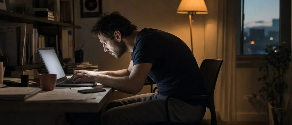 Slouched over a laptop at the end of the day